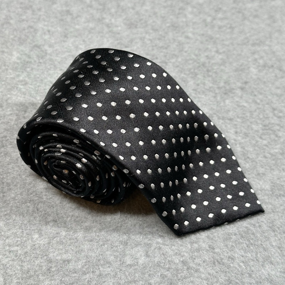 Lauren Ralph Lauren Black Silver Polka Dot 100% Silk Necktie Mens 59x3.4in